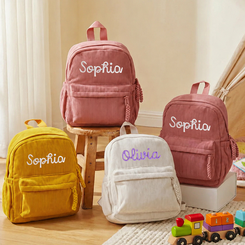 Embroidery Name - Gepersonaliseerde corduroy peuterrugzak met aangepaste naam,